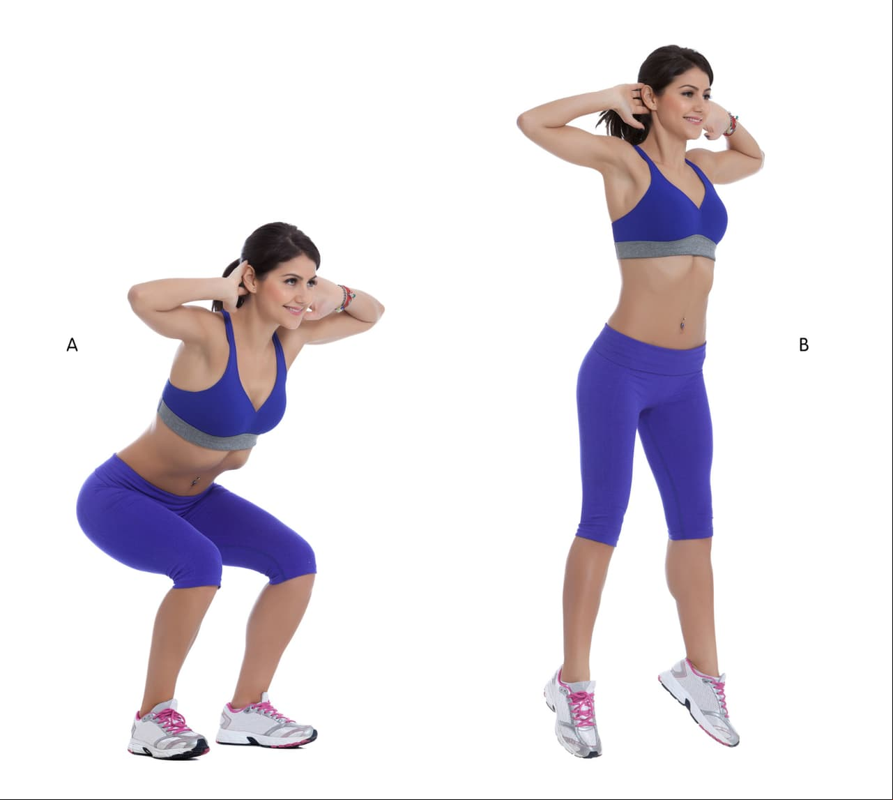Sentadillas con saltos. Realiza series de 15 por 5 minutos, con intervalos de 10 segundos para descansar. Este ejercicio te ayudará a tonificar desde la pantorrilla hasta los glúteos.