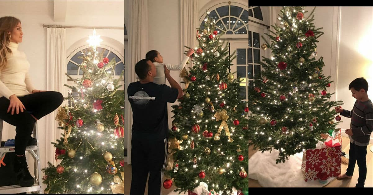 Jennifer Lopez puso su árbol acompañada de sus mellizos y su novio Alex Rodríguez. Foto: Instagram