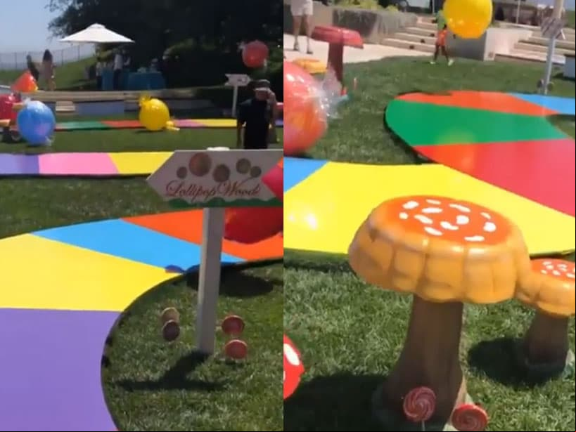 Para la decoración se convirtió la zona exterior de una de las casas Kardashian en un ‘mundo de caramelo’, incluyendo el tablero del popular juego sobre el césped.