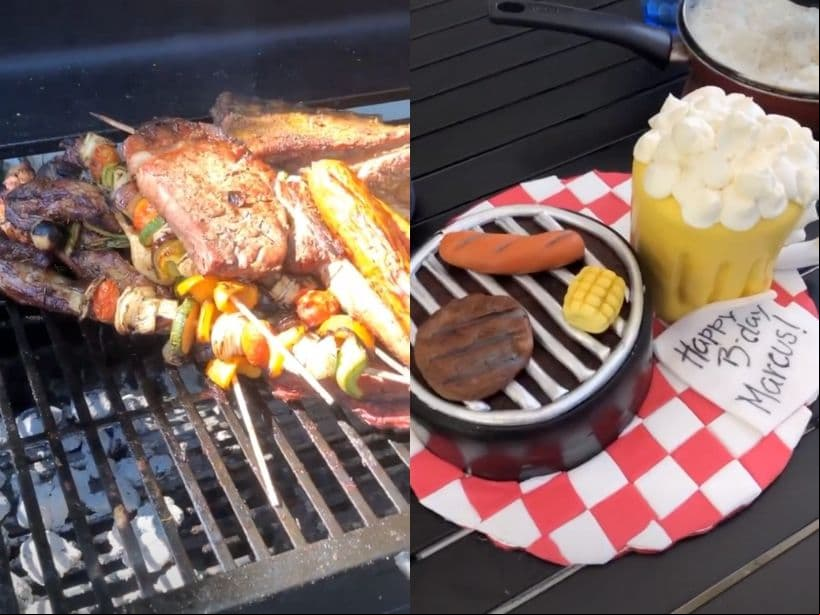 A través de sus historias de Instagram, la estrella de las telenovelas mostró parte del menú de la celebración, el cual estuvo conformado de brochetas de vegetales, deliciosos cortes de carne y un espectacular pastel.