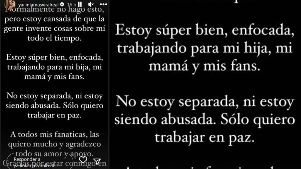 Yailin emitió esta publicación en Instagram en la que asegura estar "bien" y "no estar siendo abusada" tras supuesta golpiza por parte de Tekashi.
