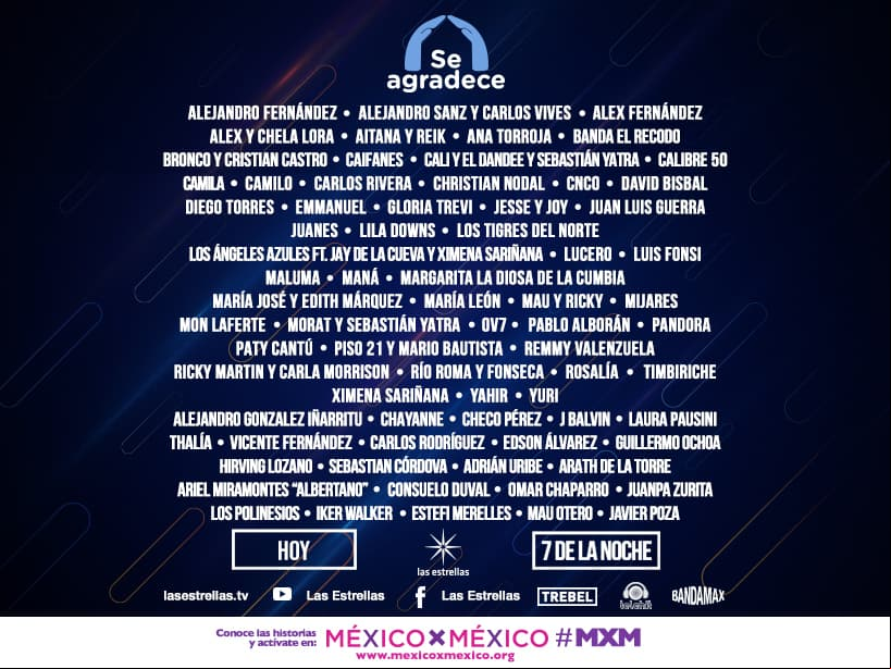 Con el fin de realizar un merecido homenaje a los héroes de esta pandemia, Televisa reunirá a grandes celebridades del mundo de la música este sábado 30 de mayo en el concierto ‘Se agradece’. A continuación te compartimos algunas de las colaboraciones musicales que podrás disfrutar a través de la transmisión por 
<b>lasestrellas-tv.mejordescarga.net </b>y en las cuentas oficiales de Las Estrellas en YouTube y Facebook, así como en Telehit, Bandamax y 
<b>TREBEL.</b>