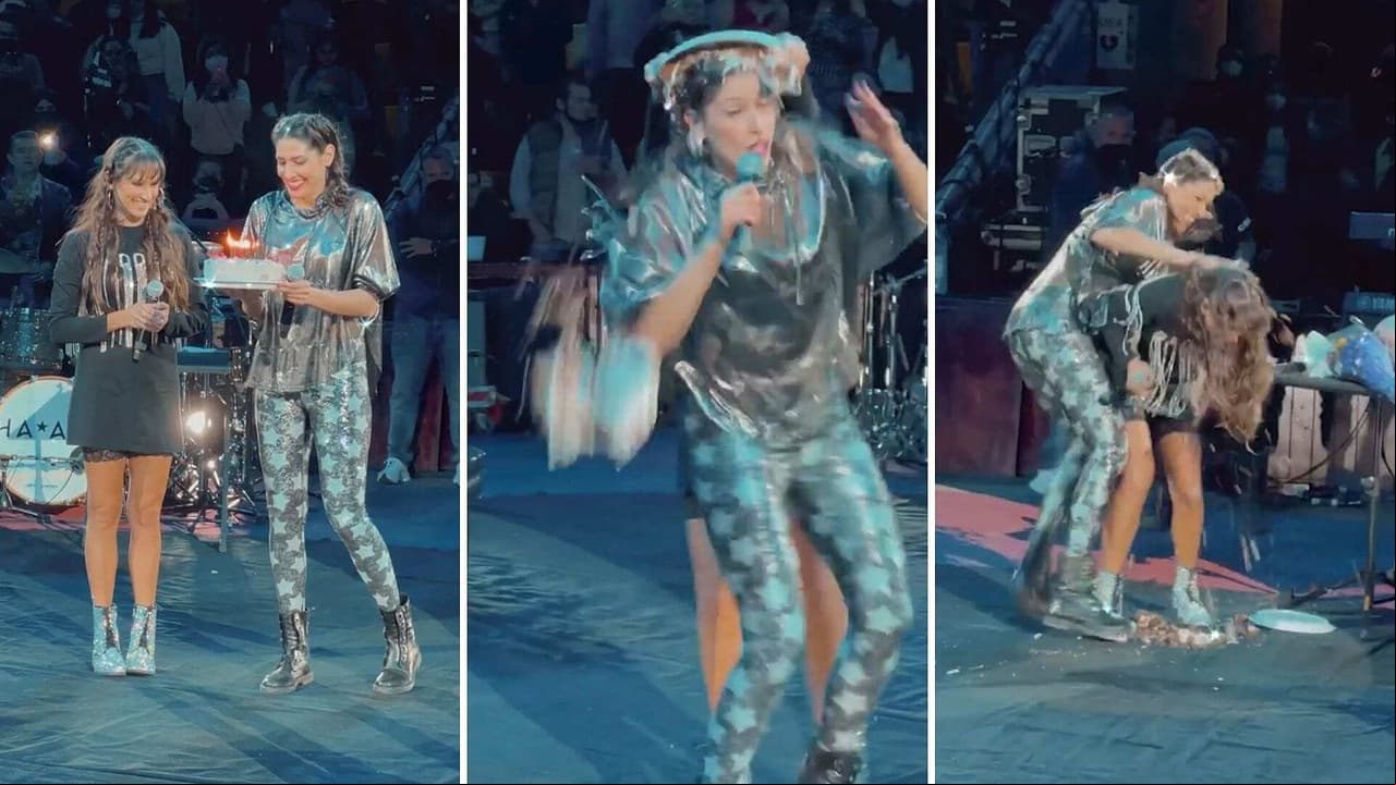 Ha Ash: Mira el divertido pastelazo que se dieron en pleno concierto
