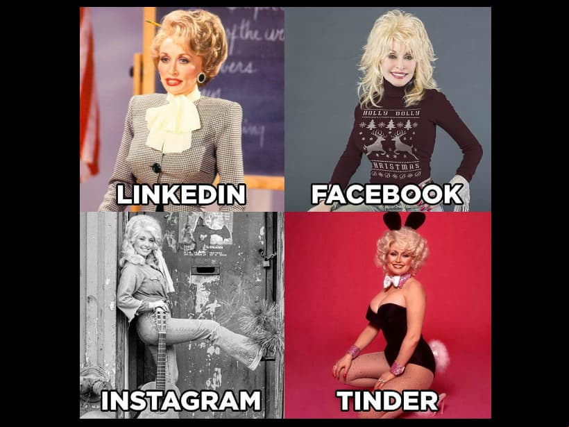 Para celebrar su cumpleaños número 74, la cantante Dolly Parton compartió una simpática imagen en la que mostró, a través de distintas fotos, cómo lucirían sus perfiles de LinkedIn, Facebook, Instagram y Tinder.