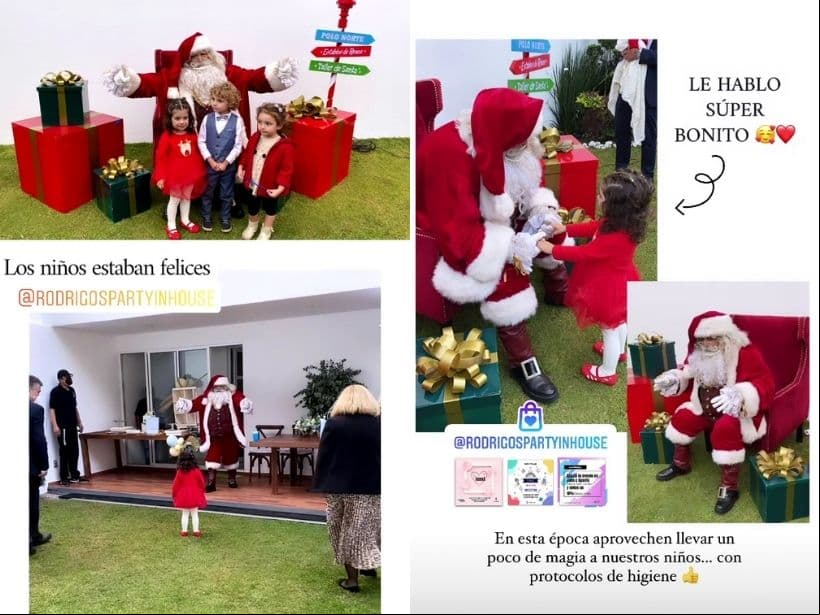 Ya con ese outfit, la primogénita de Fátima Torre y el resto de los invitados recibieron la repentina visita de Santa Claus, a quien le colocaron un pequeño escenario con su tradicional silla, enormes regalos y letreros del Polo Norte.