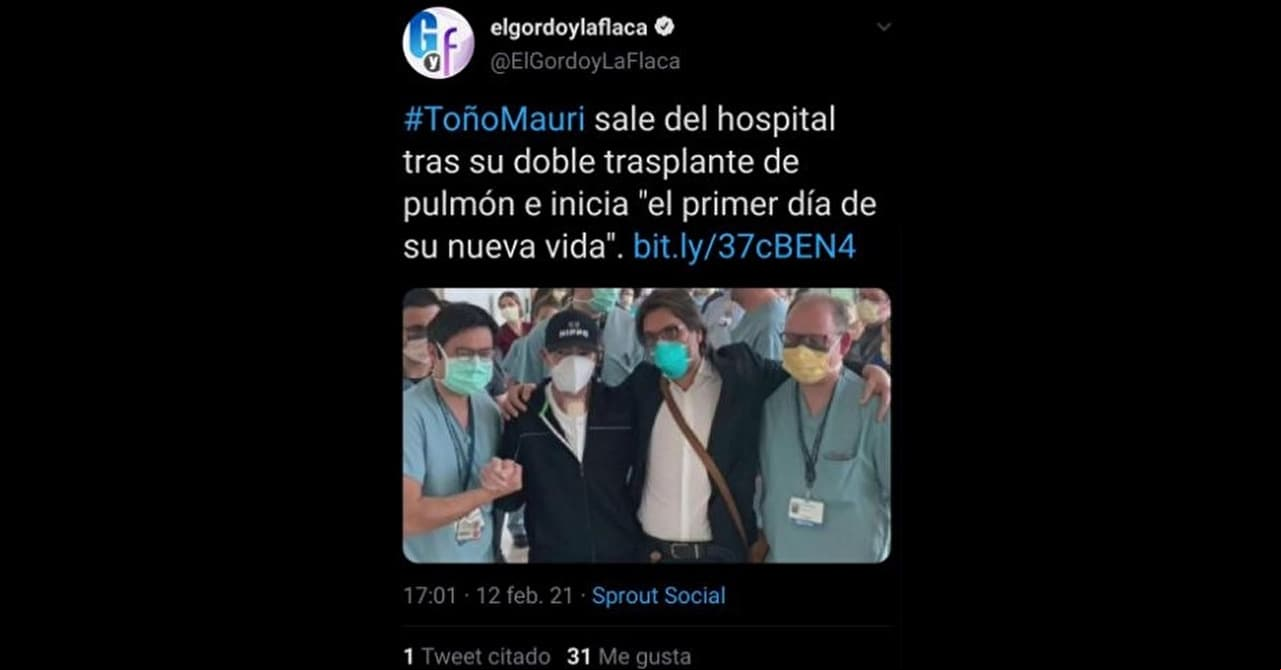 Tras ocho meses de lucha, el pasado 12 de febrero, Toño Mauri por fin fue dado de alta, para así continuar su recuperación en casa. El portal de El Gordo y La Flaca compartió una imagen de su salida del hospital University of Florida Health Shands.