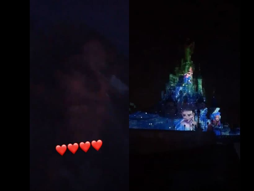 A través de Instagram stories, Grettell pudo captar la expresión de su primogénito al presenciar un espectáculos de luces en el castillo principal.