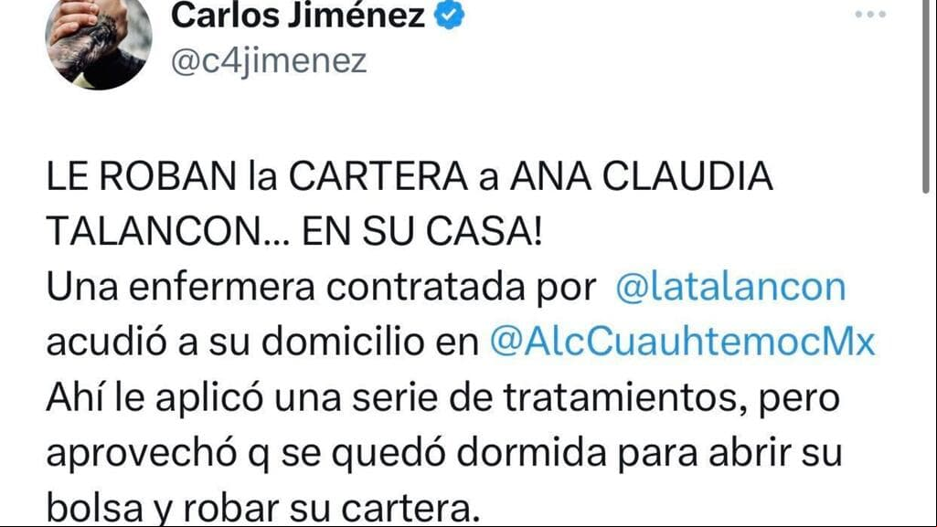El periodista mexicano Carlos Jiménez informó que el presunto robo a Ana Claudia Talancón habría sido perpetrado supuestamente por "una enfermera".