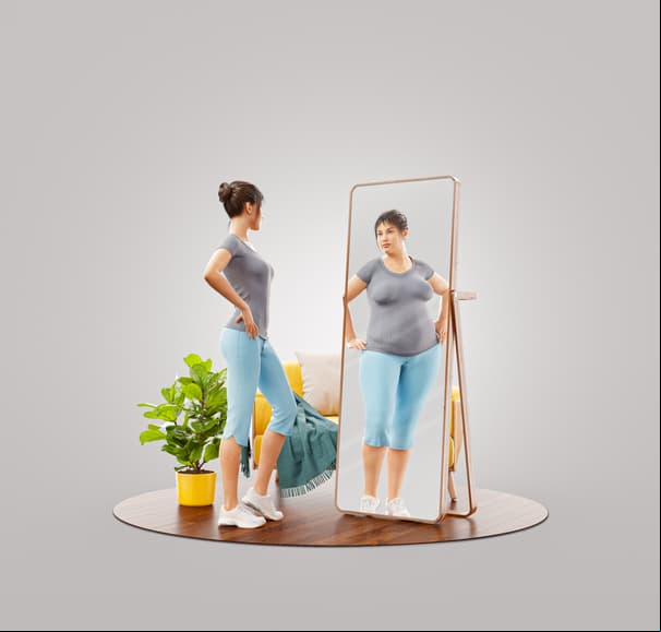 3d Illustration of young cute sporty girl looking in the mirror and imagining herself as fat. Psychological problem. Disorder, anorexia or bulimia.