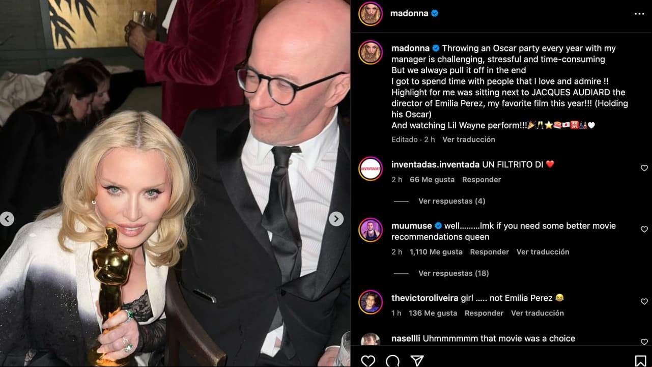 Madonna sostuvo el Oscar que ganó Jaques Audiard por su filme 'Emilia Pérez'.