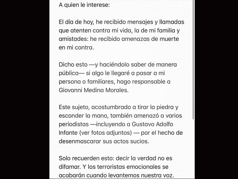 El 12 de mayo, Ninel lanzó un comunicado en el que confesó que había recibido amenazas de muerte. “Este sujeto, acostumbrado a tirar la piedra y esconder la mano, también amenazó a varios periodistas-incluyendo a Gustavo Adolfo Infante por el hecho de desenmascarar sus actos sucios. Solo recuerden esto: decir la verdad no es difamar y los terroristas emocionales se acabarán cuando levantemos nuestra voz”, confesó.