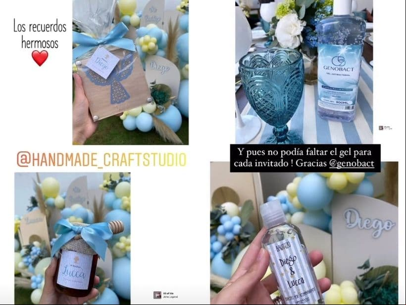 Dentro de los recuerdos estaban botellitas rellenas de mermelada, bolsas de dulces, botellas de gel antibacterial y hubo un detalle muy especial para los niños.