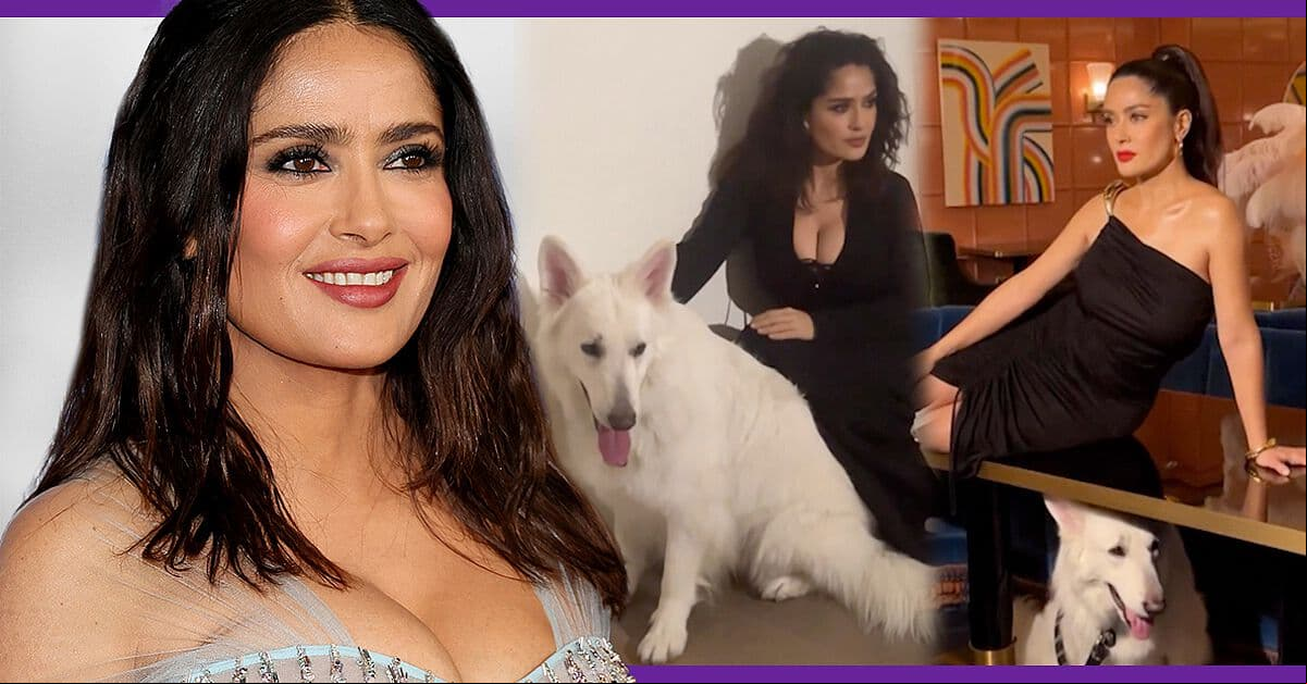 Salma Hayek lleva a su perro Lobito al trabajo y así posaron para revista