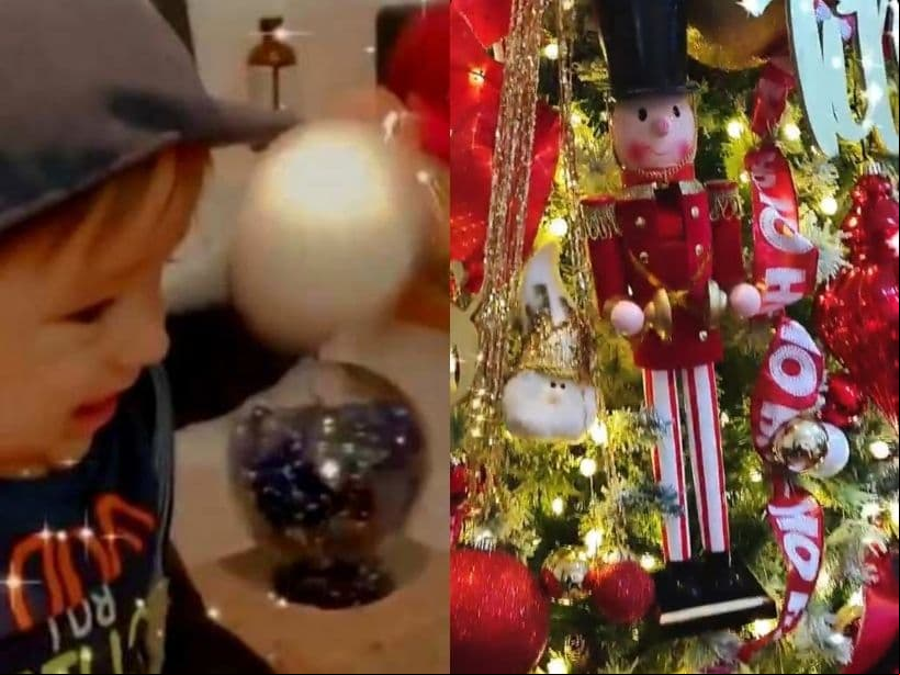 Entre los elementos que se observan en el arbolito aparecen enormes soldaditos, listones, caramelos, varas de pino artificiales, luces blancas, sacos de navideños, enormes esferas de colores que ayudó a poner su hijo André y los nombres de cada uno de los integrantes de la familia.