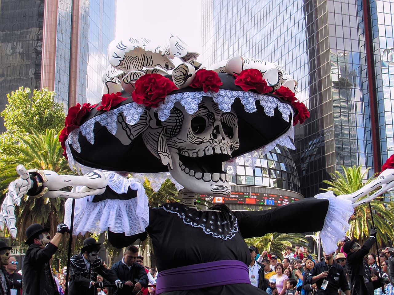 Mexico City, CDMX / Mexico - 29 10 2016: This is from a parade for the Day of the Dead in Mexico City that was presented in 2016 after the James Bond "Spectre" film. The film itself inspired the idea that this specific parade should be done yearly with the same type of theme from the movie with the style by the Mexican political litographist José Guadalupe Posada. In this specific parade, some the original cast  with their costumes and figures that were used in the James Bond movie appeared.