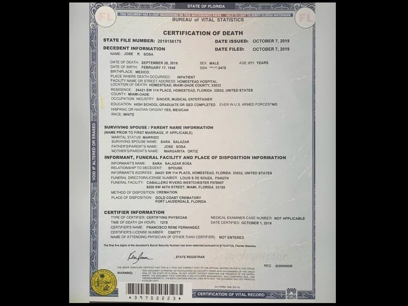 Acta de defunción confirma que José José murió el 28 de septiembre en el hospital Homestead de Miami
