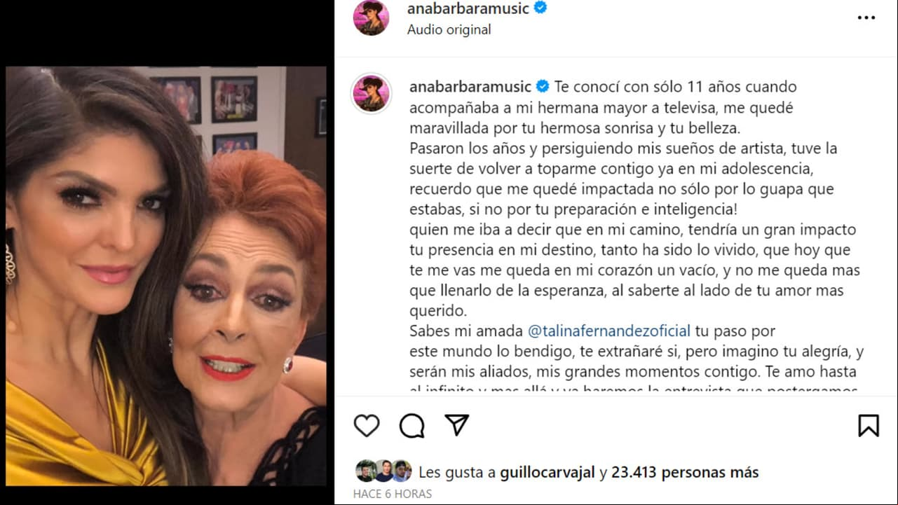 Ana Bárbara dedicó una emotiva carta a Talina Fernández tras la repentina muerte de la presentadora. Crédito: Ana Bárbara/Instagram