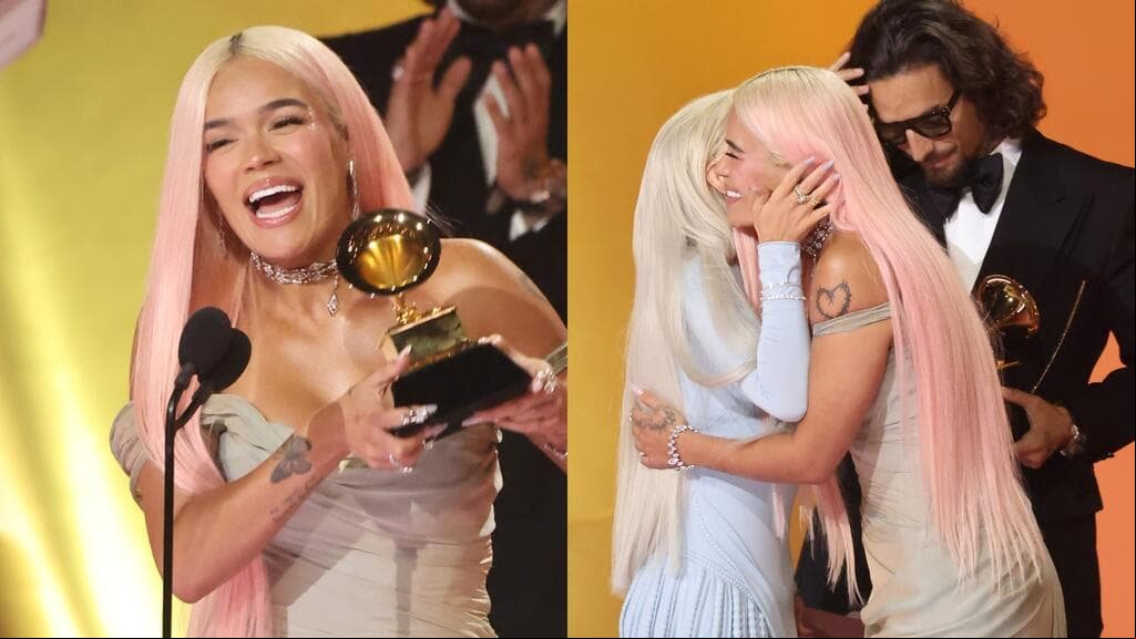 Karol G recibió su primer GRAMMY de manos de Maluma y Christina Aguilera.