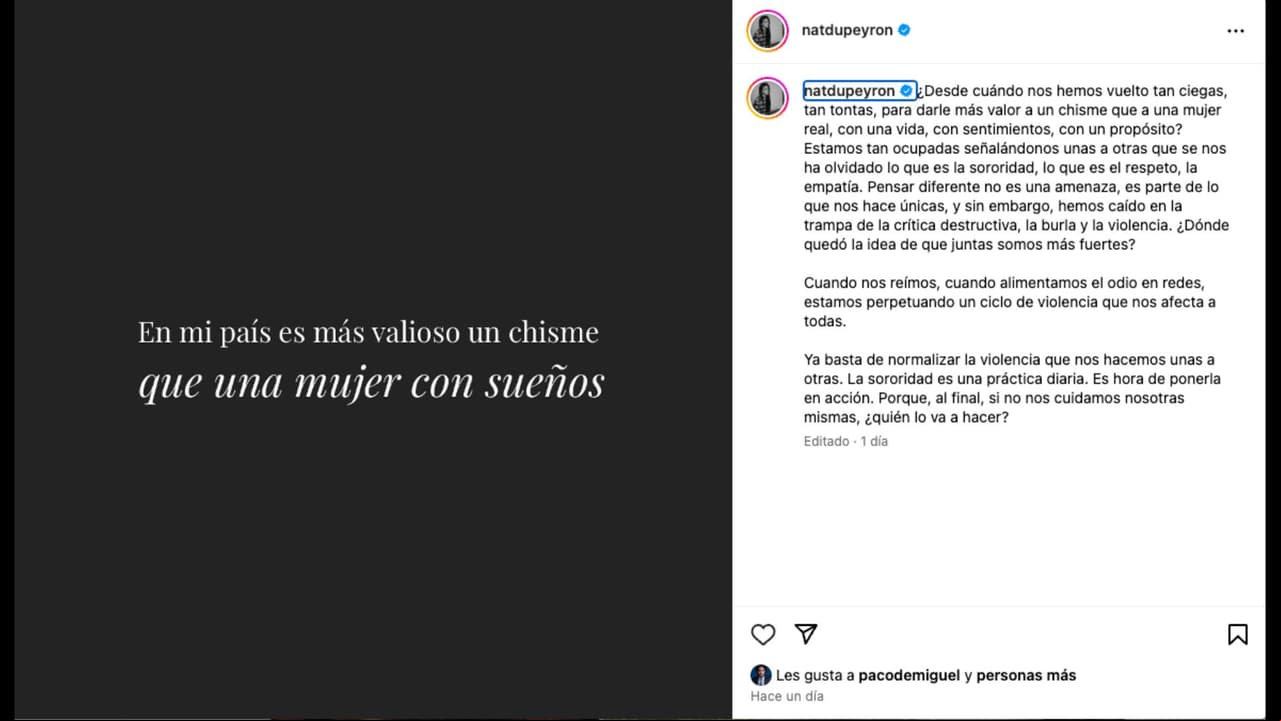 Natasha Dupeyrón pide respeto hacia las mujeres en Instagram tras polémica que atravesó Ángela Aguilar