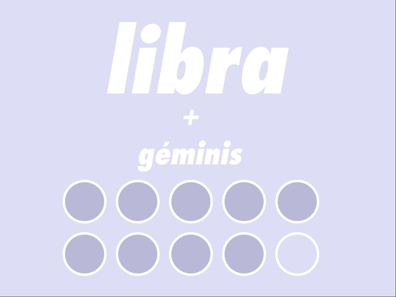 LIBRA + GÉMINIS (9/19): Los dos son curiosos, sociales, afectivos y con mucha energía. Es un combo que está destinado al éxito. Para ellos, el amor es como un carrusel que nunca se detiene; es divertido y excitante. No habrá celos ni sentido de posesión por parte de ambos. El único tema que habrá que tratar es que ambos son indecisos.